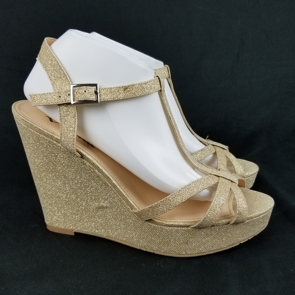 High Heel Wedge Strappy Gold Glitter 11 M EG38 - Picture 3 of 8